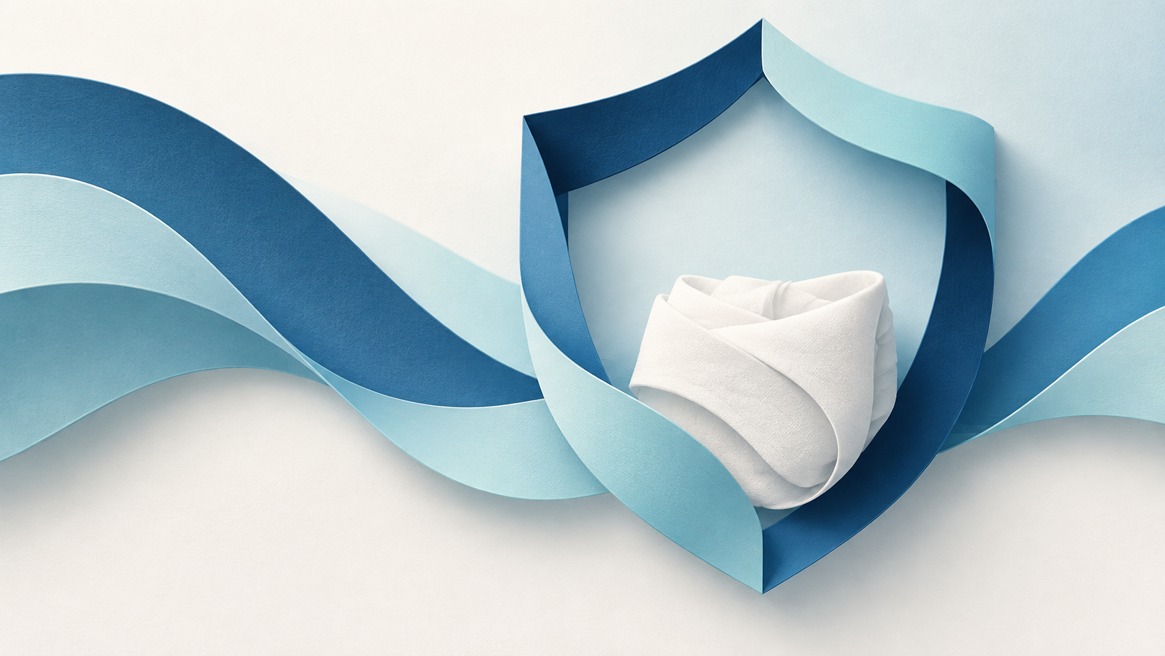 Blue and aqua abstract forms surrounding a folded white textile.