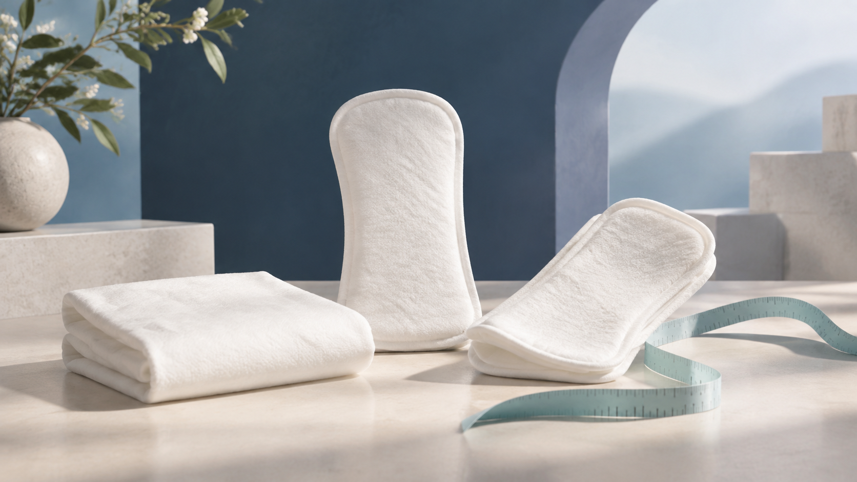Folded white absorbent-textile forms beside a pale aqua measuring tape.