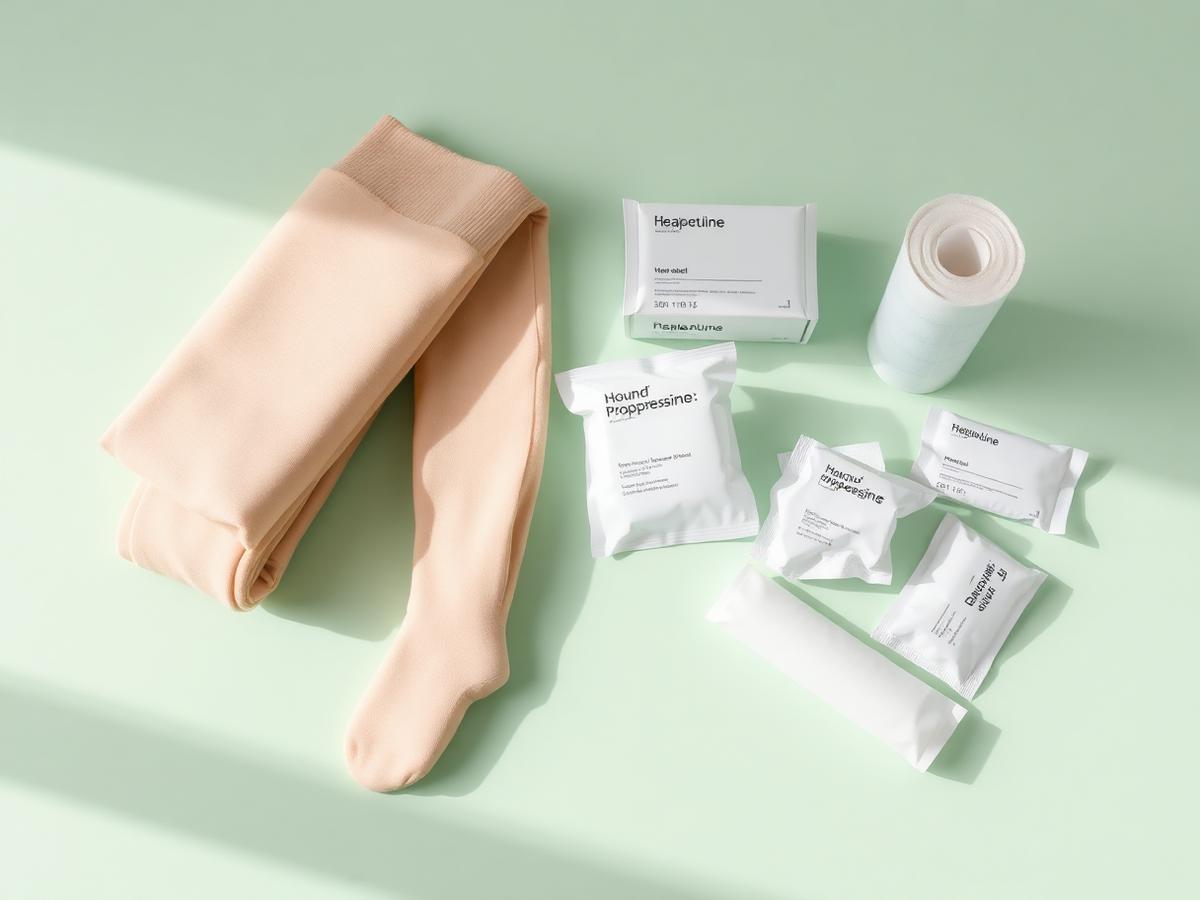 Graduated compression stockings for varicose veins beside sterile wound dressings covered by Medicare