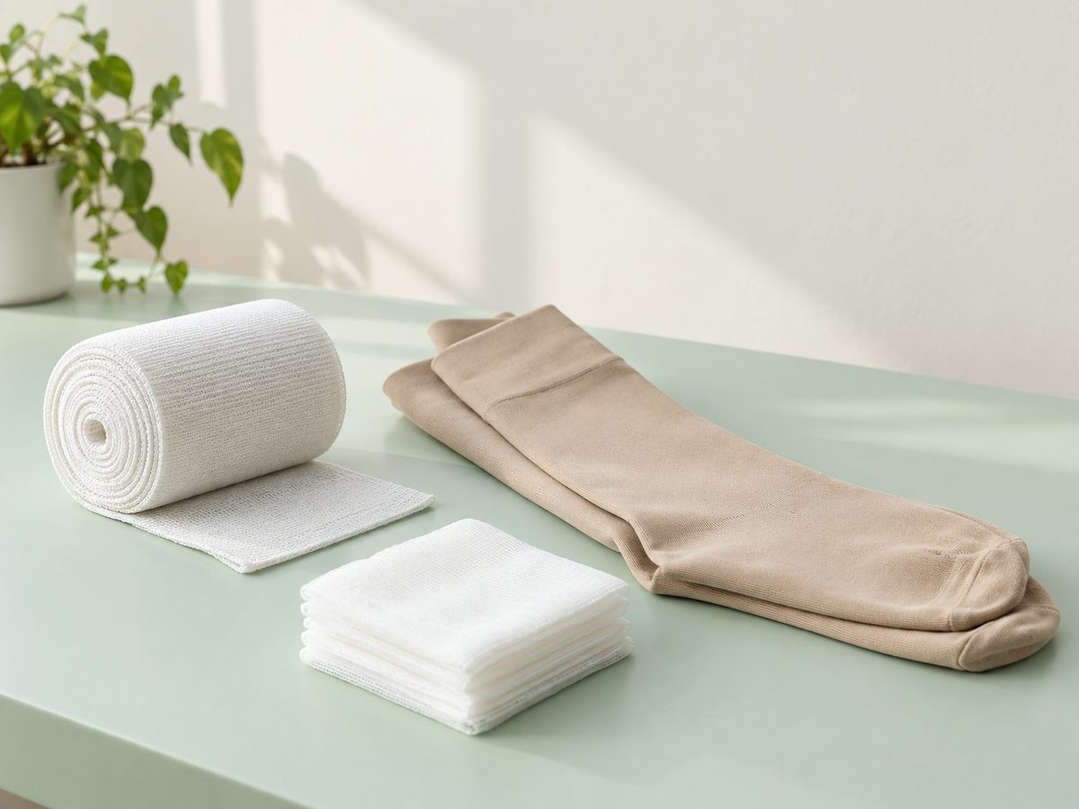 Graduated compression stockings beside sterile wound dressings