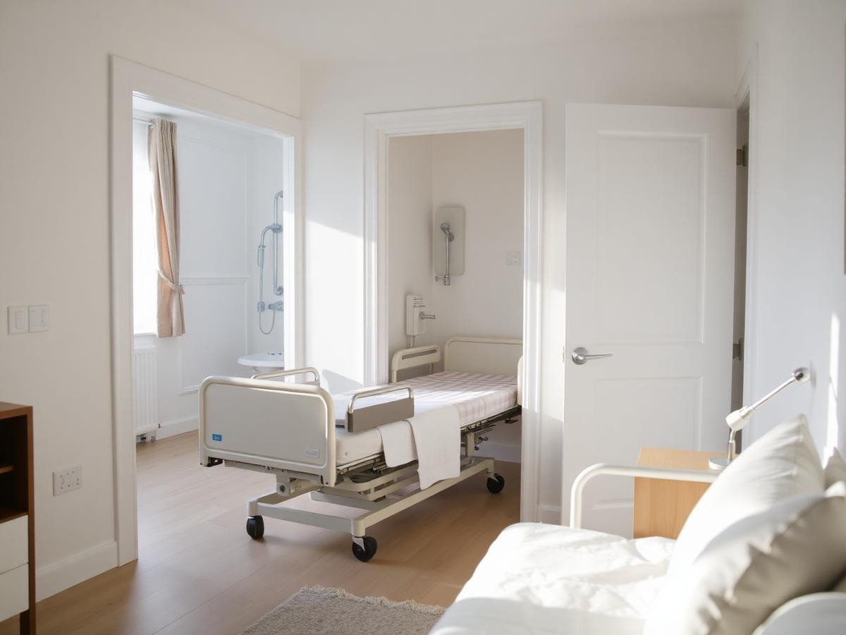 Adjustable hospital bed covered by Medicare with bathroom grab bars in a bright home bedroom