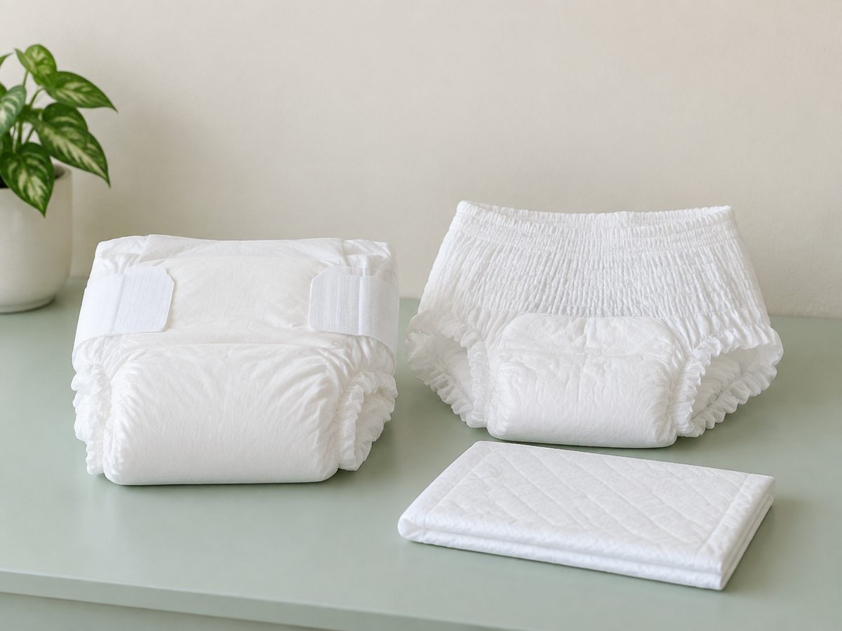 Adult tab-style brief, pull-up underwear and a folded underpad on a shelf.