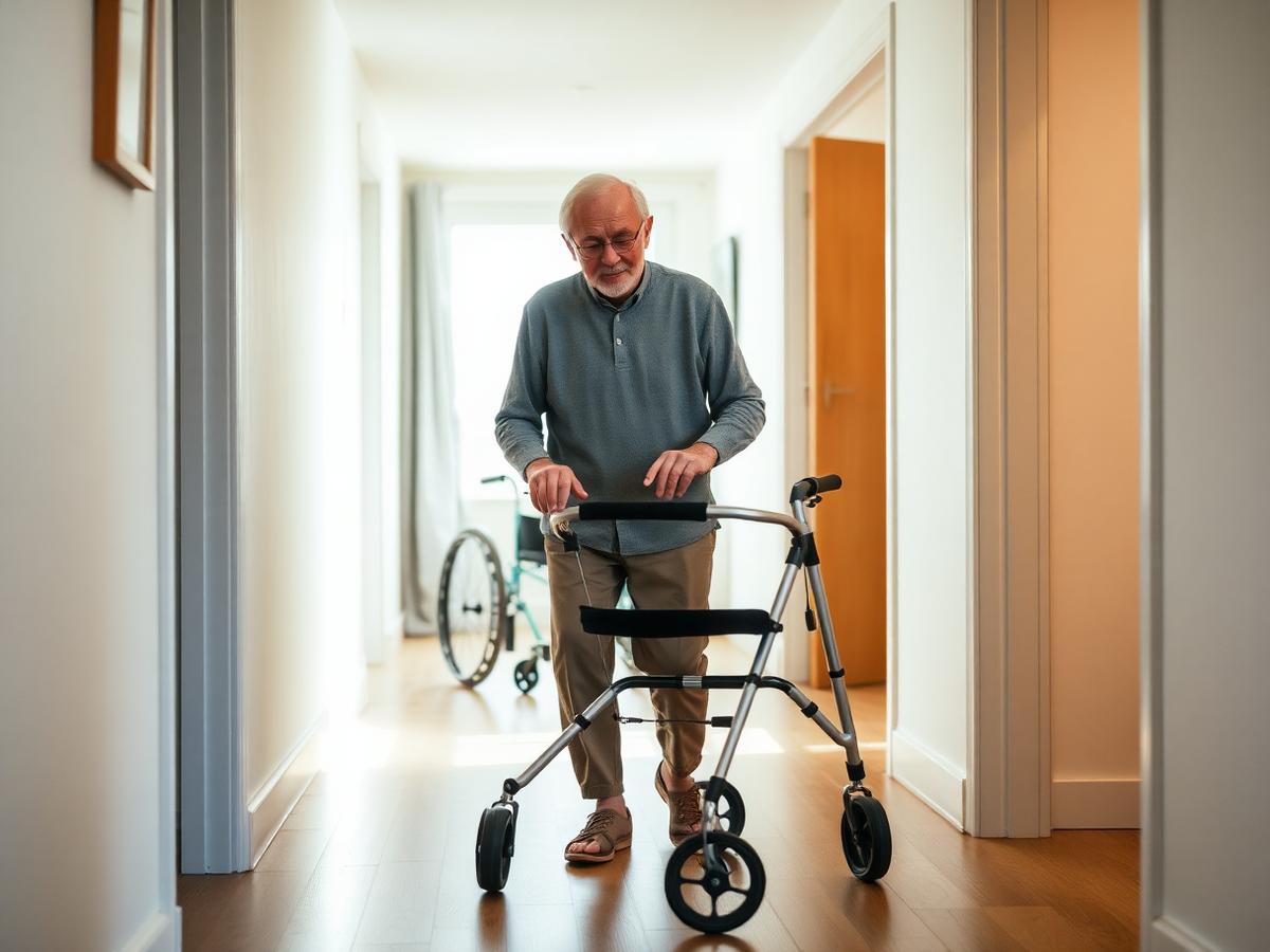 Older adult using a Medicare-covered rollator walker at home with a folding transport wheelchair behind them