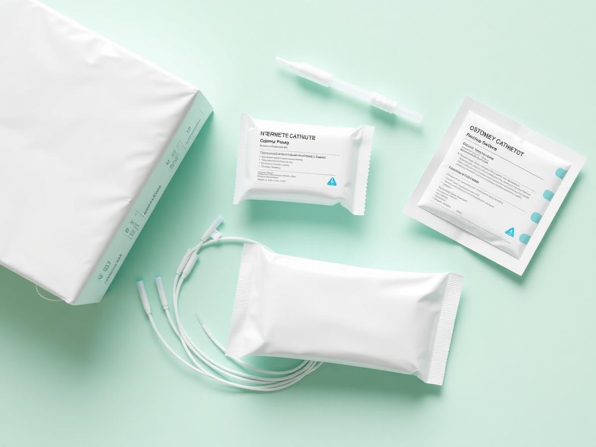 Sterile intermittent catheters and ostomy pouching supplies covered by Medicare, packed for monthly delivery