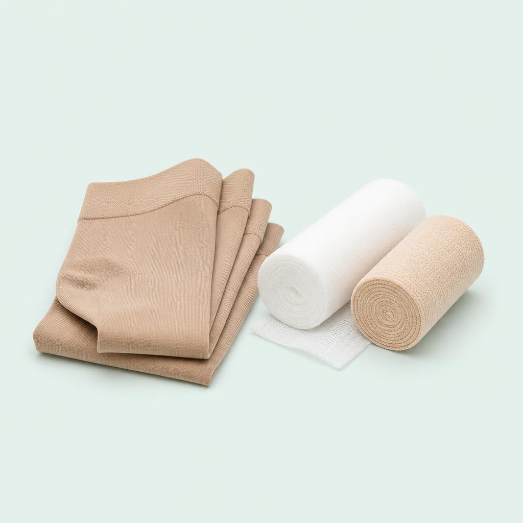 Graduated compression stockings for varicose veins beside sterile wound dressings covered by Medicare