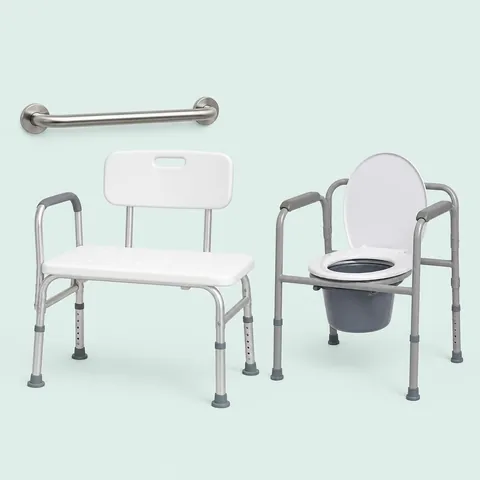 Adjustable hospital bed with bathroom grab bars in a bright home bedroom