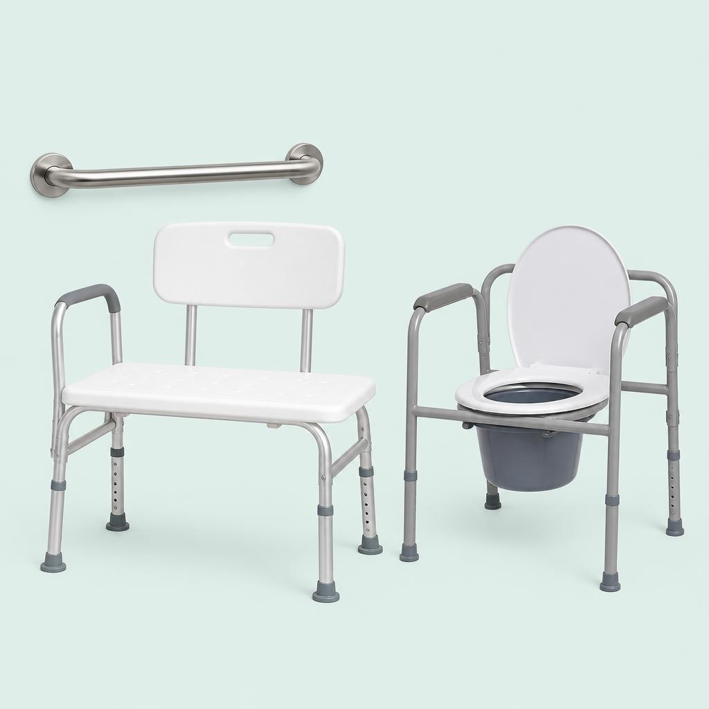 Adjustable hospital bed covered by Medicare with bathroom grab bars in a bright home bedroom