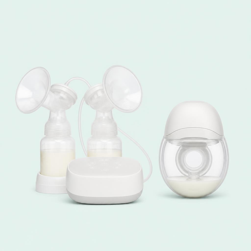 Double electric breast pump through insurance with bottles and a maternity compression garment