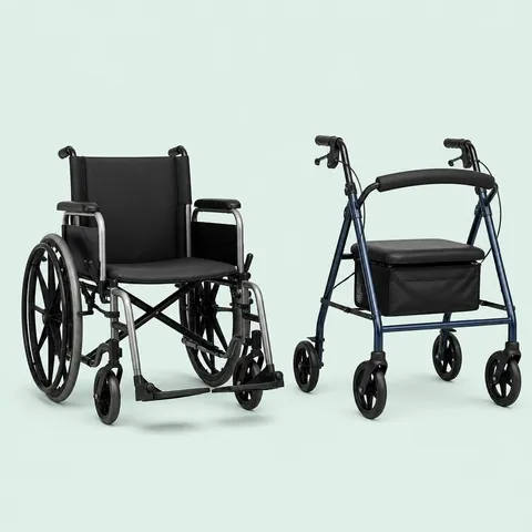 Older adult using a rollator walker at home with a folding transport wheelchair behind them