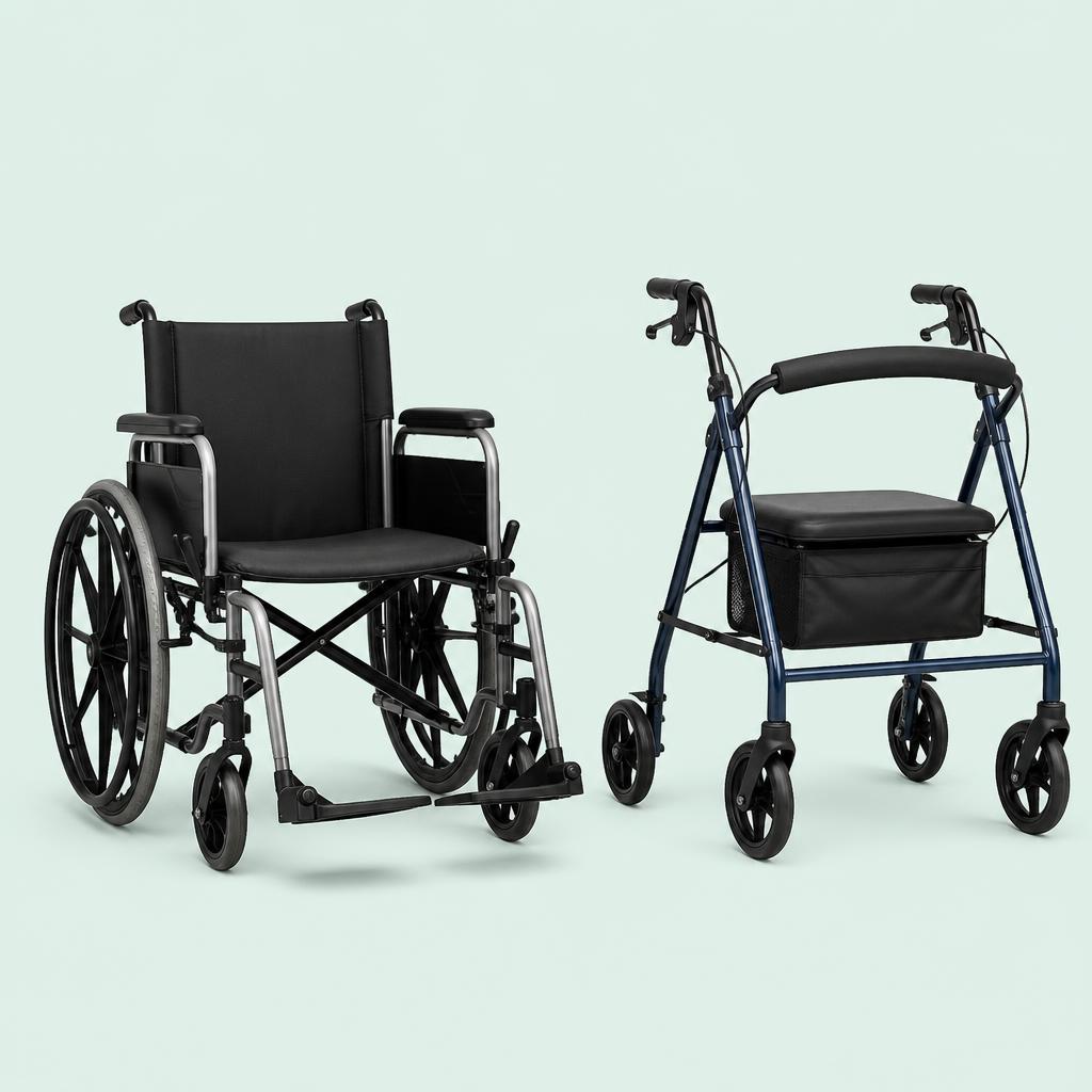 Older adult using a Medicare-covered rollator walker at home with a folding transport wheelchair behind them