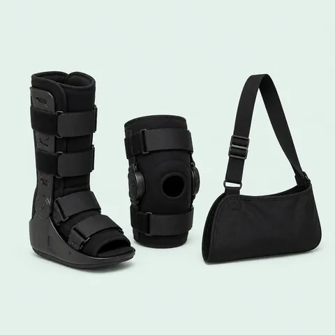 Hinged knee brace, lumbar back brace and CAM walking boot with a physician's order