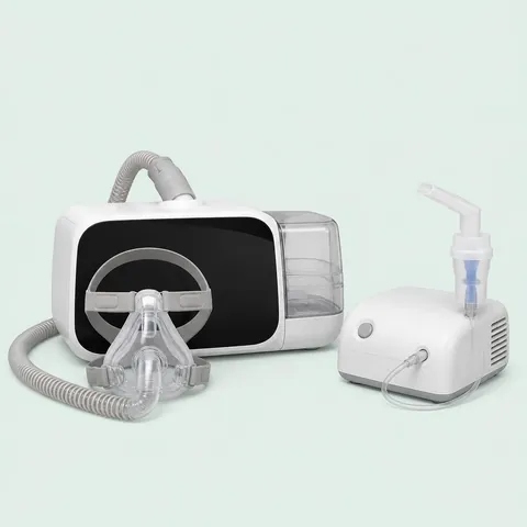 CPAP machine with mask and tubing beside a nebulizer