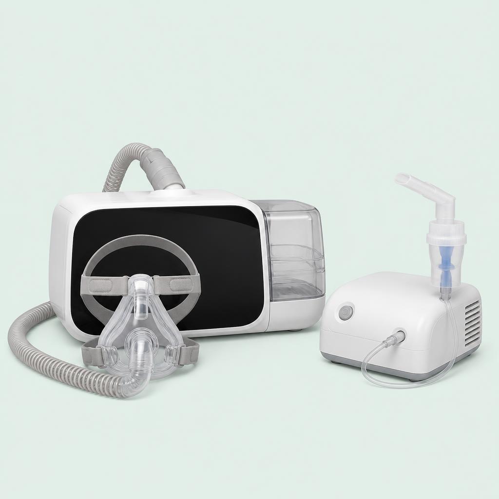 CPAP machine with mask and tubing beside a nebulizer, CPAP covered by insurance for New York patients