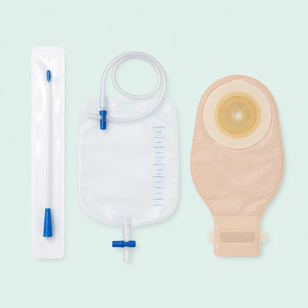 Sterile intermittent catheters and ostomy pouching supplies covered by Medicare, packed for monthly delivery
