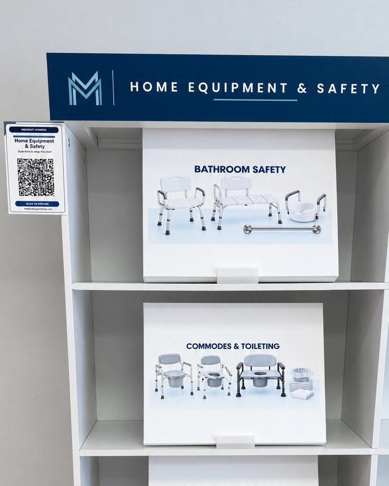 Shelving unit with home equipment and bathroom safety products at the Medically Modern Mount Kisco store