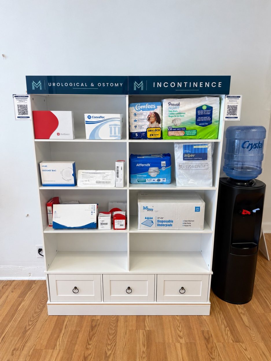 Shelving unit with urology, ostomy and incontinence supplies at the Medically Modern Mount Kisco store