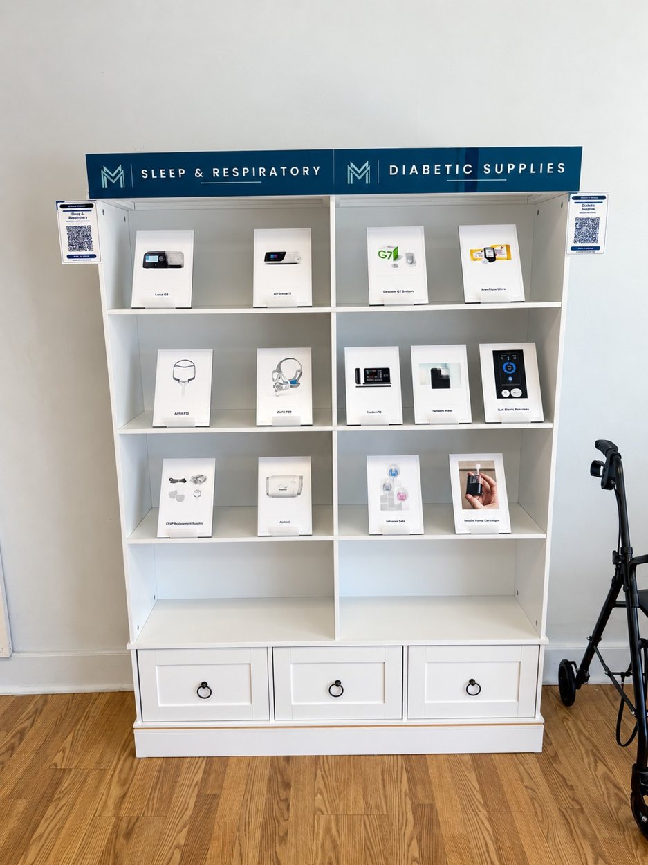 Shelving unit with sleep and respiratory care and diabetic supplies at the Medically Modern Mount Kisco store